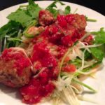 Lamb-and-turkey-meatballs-sweet-and-sour-tomato-sauce-zucchini pasta-arugula