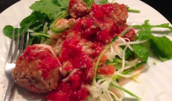 Lamb-and-turkey-meatballs-sweet-and-sour-tomato-sauce-zucchini pasta-arugula