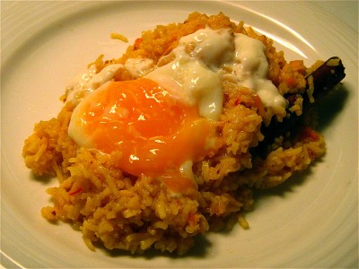 soft-poached-sous-vide-egg-on-saffron-cinnamon-rice-pilaf