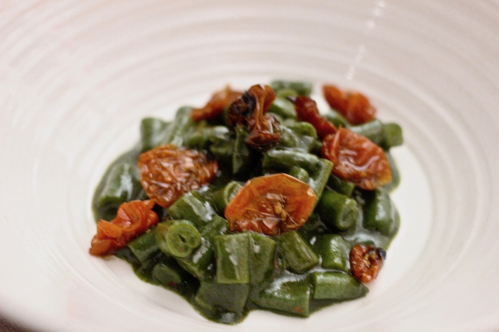 Pastel-green-beans-sundried-sugar-cherry-tomato-halves-chlorophyl-butter-oil