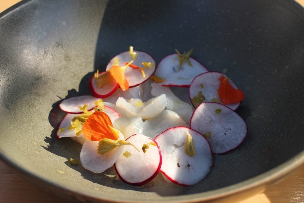 Fish carpaccio sashimi with radishes at rooftop SAT in Montreal