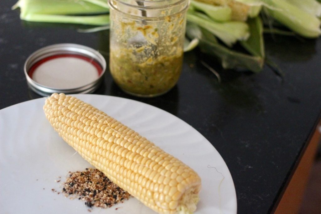 corn on the cob with dukkah and guacamole