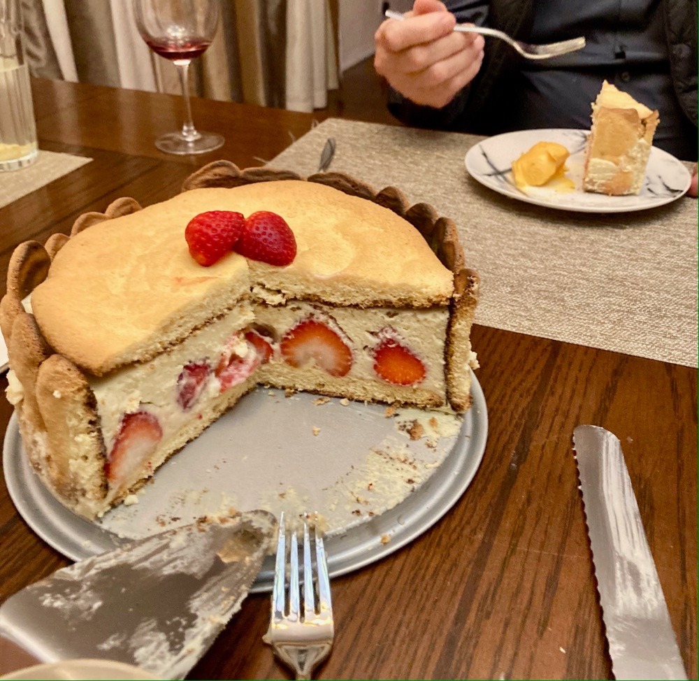 plated-white-chocolate-charlotte-mousse-cake-gluten-free-dairy-free-with-strawberries-alice-medrich-art-of-low-fat-desserts-with-cantaloupe-ice-cream-frozen-custard