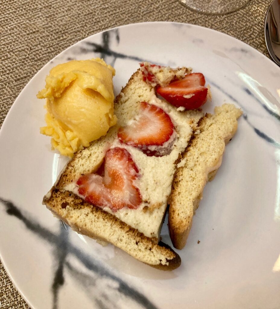 plated-slice-of-white-chocolate-charlotte-mousse-cake-gluten-free-dairy-free-with-strawberries-alice-medrich-art-of-low-fat-desserts-with-cantaloupe-ice-cream-frozen-custard