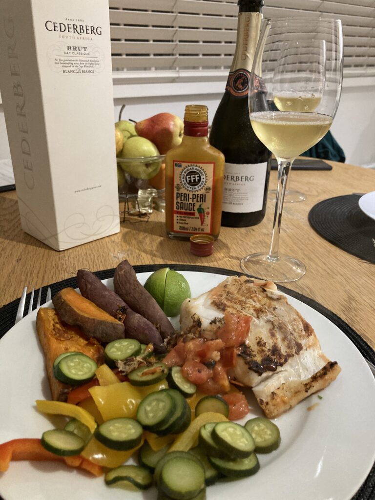 cederberg-blanc-de-blanc with local fish, peri-peri sauce, sweet potatoes